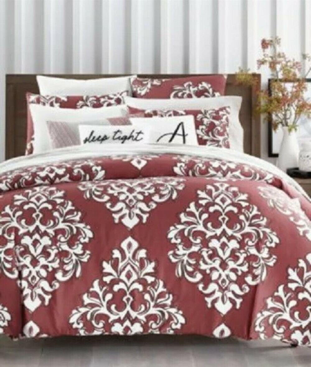 NEW CHARTER CLUB DAMASK RED OUTLINE TWIN 2 PIECE COMFORTER SET BEDDING 300TC